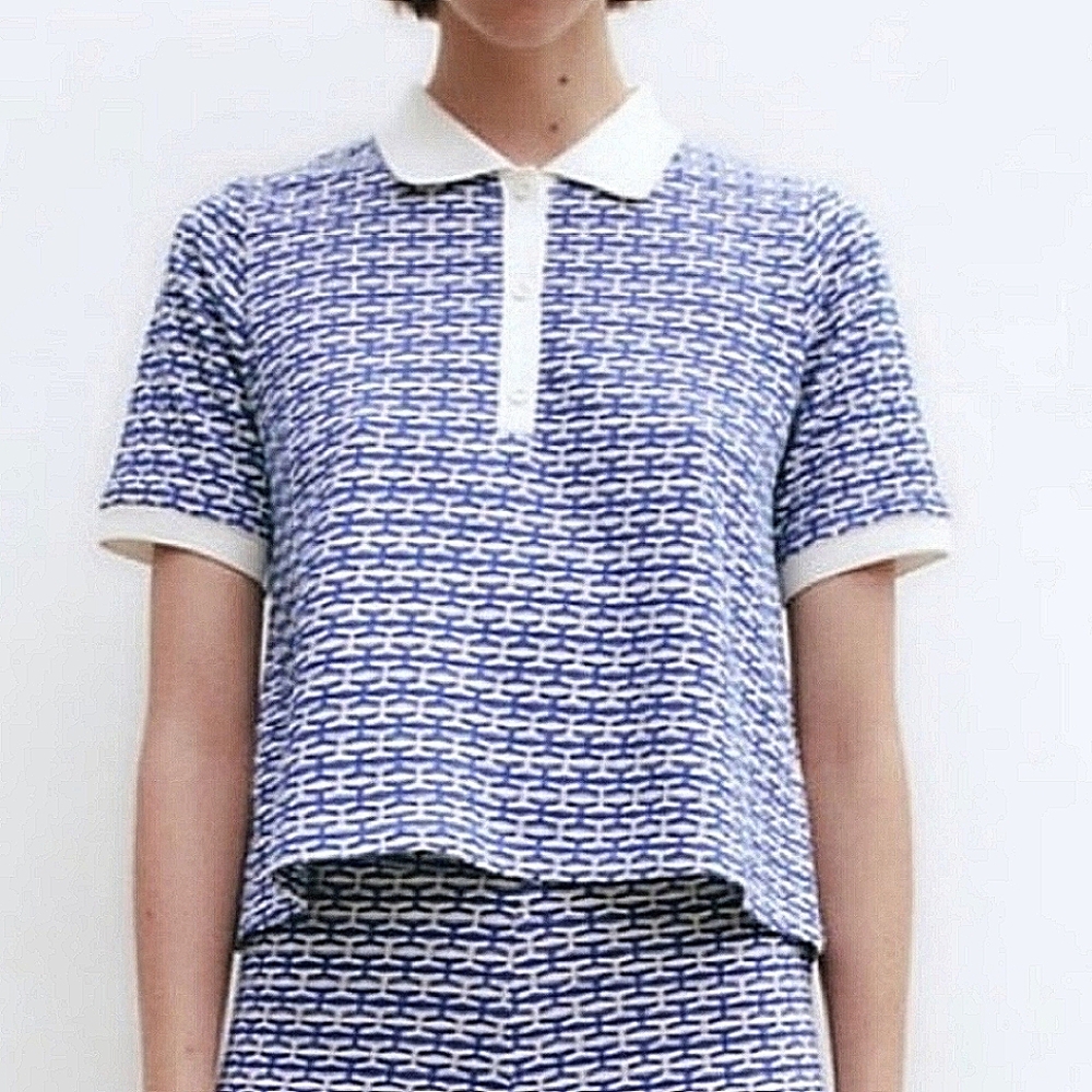 Zara Blue and White Patterned Polo Top Size Medium